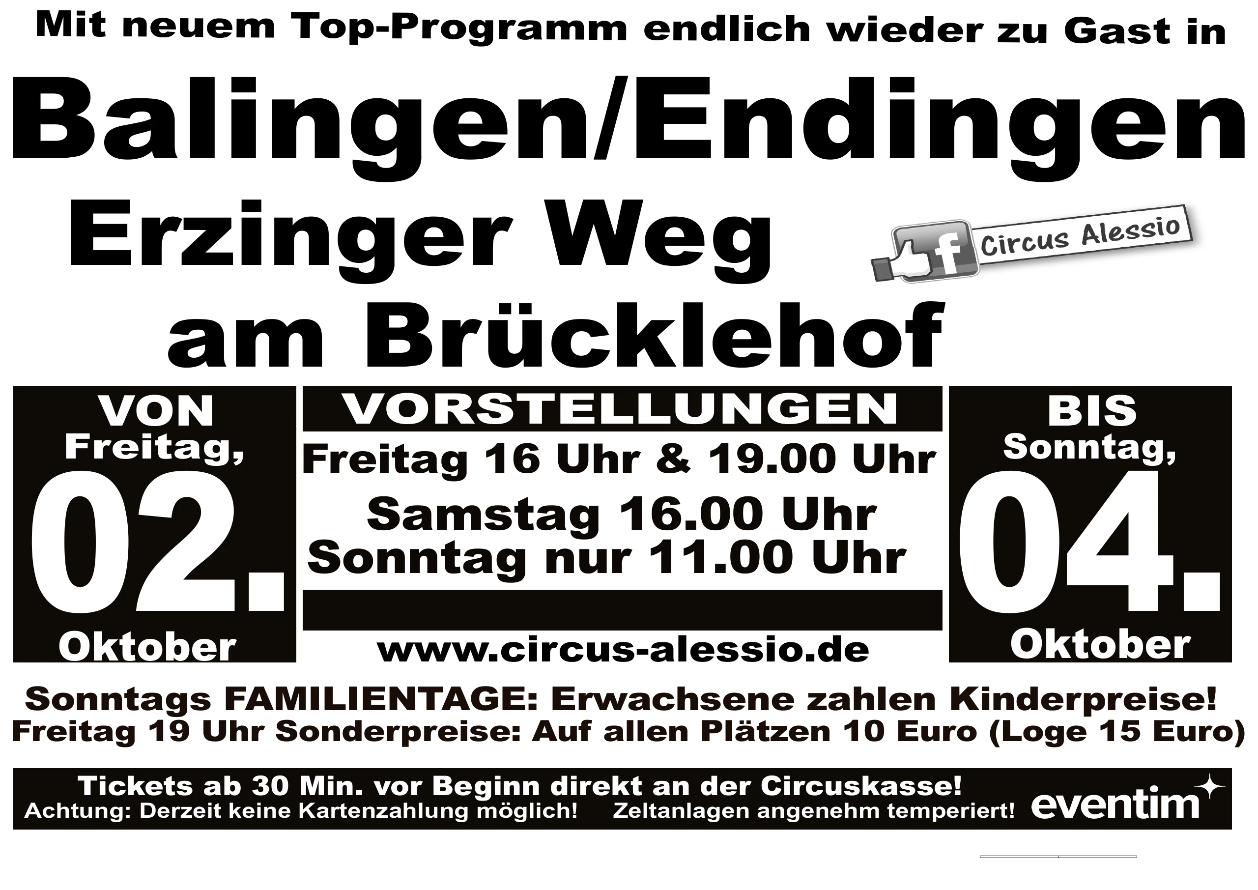 Plakat zum Gastspiel des Circus Alessio in Balingen/Endingen, Erzinger Weg am Brücklehof, Freitag 2. bis Sonntag 4. Oktober 2026