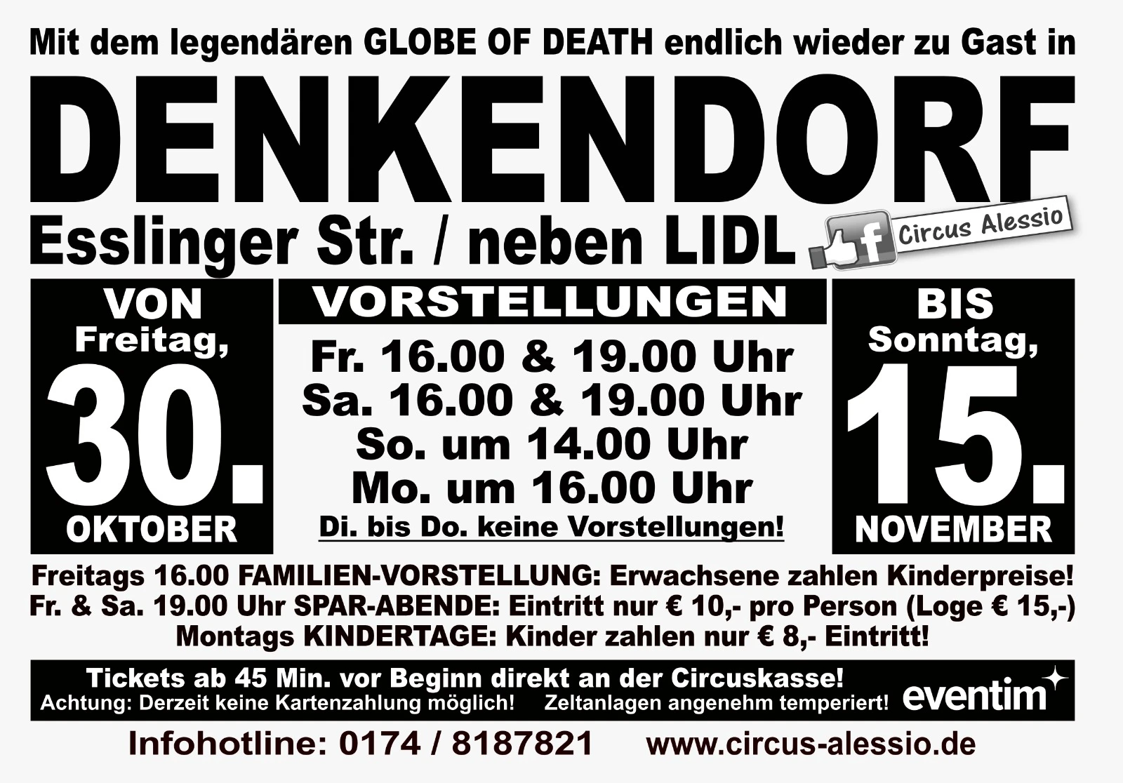 Plakat zum Gastspiel des Circus Alessio in Denkendorf, Esslinger Straße neben LIDL, Freitag 30. Oktober bis Sonntag 15. November 2026